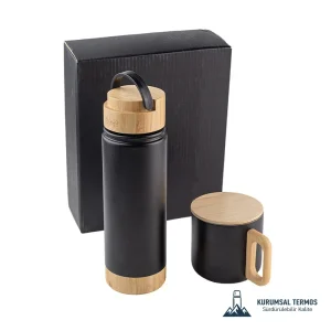 Bambu Kapaklı Termos Kupa Seti - 550 Ml - Siyah - KS 1000