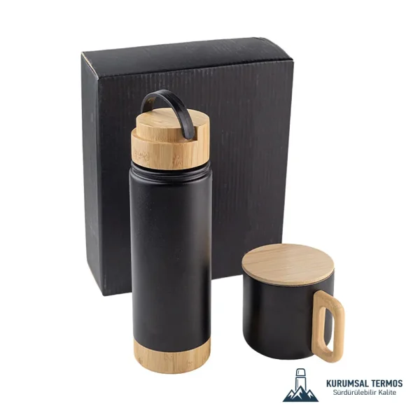 Bambu Kapaklı Termos Kupa Seti - 550 Ml - Siyah - KS 1000
