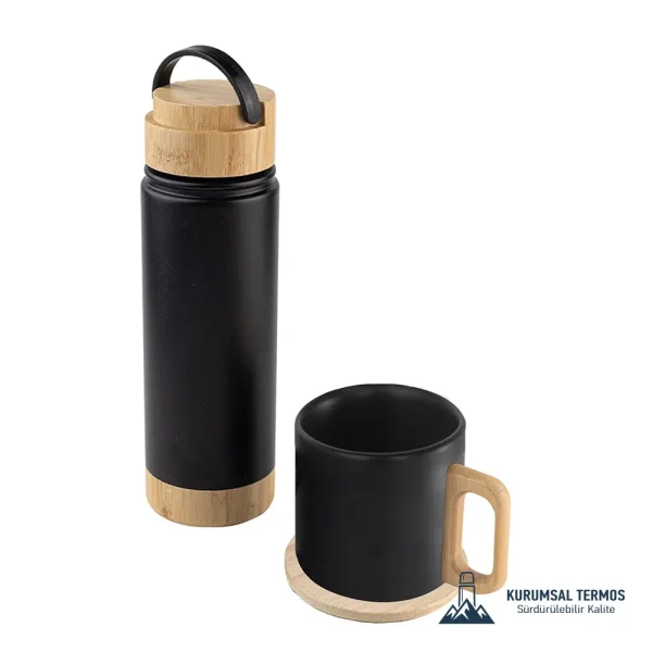 Bambu Kapaklı Termos Kupa Seti - 550 Ml - Siyah - KS 1000
