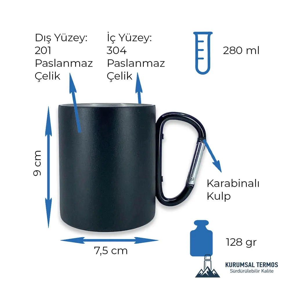 Karabinalı Çelik Bardak Termos- 280 Ml – Siyah – KTB 1001