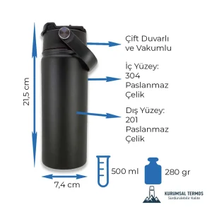 Pipetli Taşıma Saplı Termos 500 ML – Siyah – KTT 7050